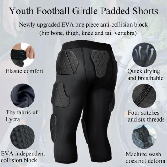 7 Pad Girdle Football Youth Football Girdle Youth Boys with Knee Integrated Hip Tailbone Thigh Pads- Basketball Padded Compression Shorts for Basketball Baseball Rugby Soccer