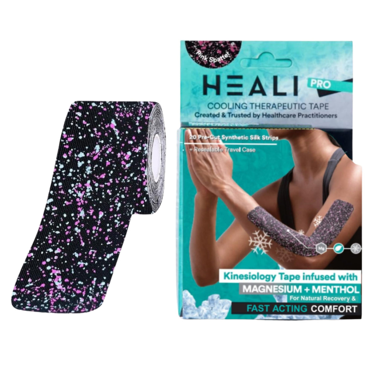 Heali Kinesiology Tape with Magnesium and Menthol, 20 Pcs Precut Strips, K Tape Roll, Knees, for Physical Therapy, Sports, Muscles and Joints, Water Resistant, Blue Splatter