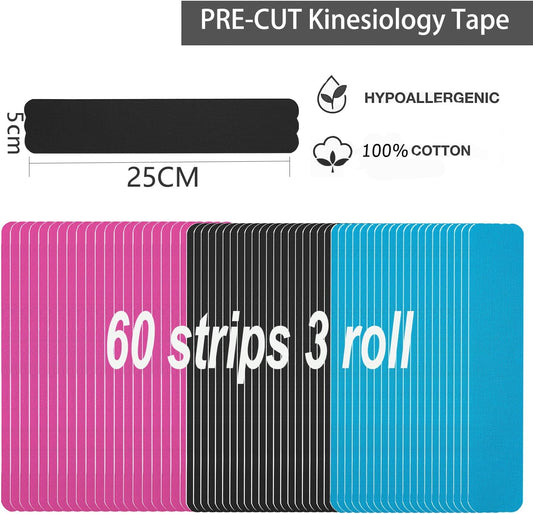 Kinesiology Tape Precut Strips Pro Athletic (3 Rolls,60 Strips) Original Cotton Waterproof Breathable Latex Free Tape for Muscle Pain Relief and Joint Support Elastic Sports Activities Tapes (Mix)