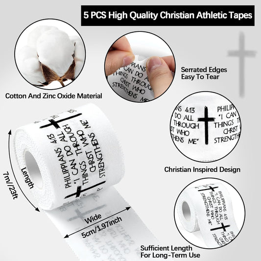 5Pcs Christian Athletic Tape 2in x 23ft Cotton Zinc Oxide Sport Faith Cross Sports Wristbands Religious Bible Verse Wrist Tape for Football Baseball Athlete Gymnastic Boxing First Aid Injury Wrap