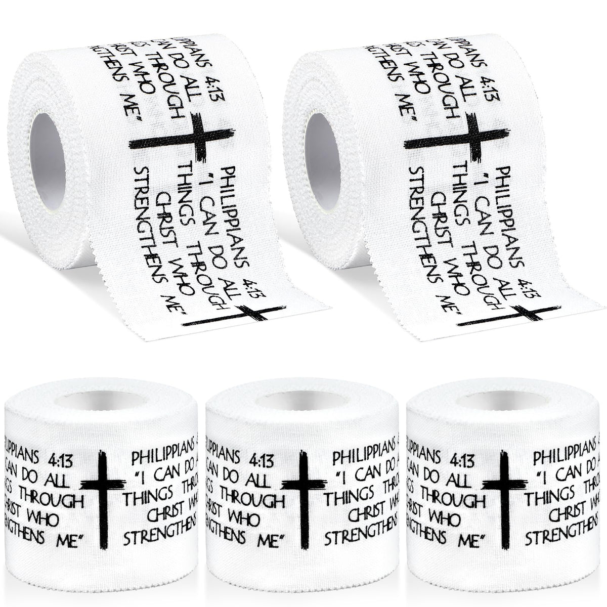 5Pcs Christian Athletic Tape 2in x 23ft Cotton Zinc Oxide Sport Faith Cross Sports Wristbands Religious Bible Verse Wrist Tape for Football Baseball Athlete Gymnastic Boxing First Aid Injury Wrap