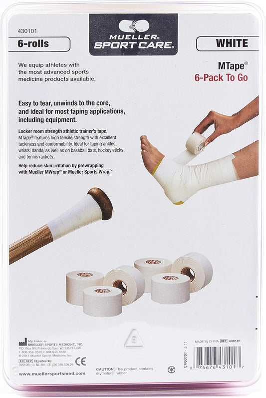Mueller Sports Medicine MTape Rolls to Go, Quality Athletic Tape, Easy to Tear for Fast & Effective Taping, 1.5" x 10 Yards Per Roll, 6 Rolls