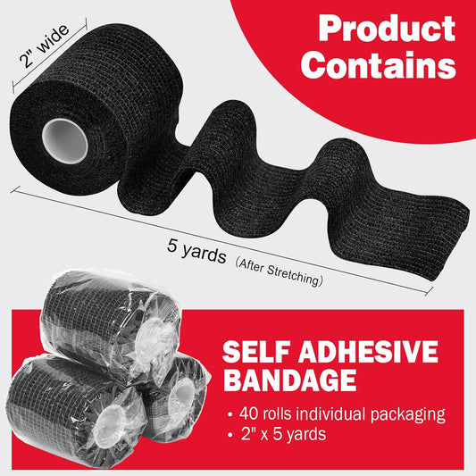 AZEN 40 Pack Self Adhesive Bandage Wrap Black, 2" X 5 Yards Black Athletic Tape, Vet Wrap, Tattoo Grip Tape Wrap,Ankle Tape, Cohesive Bandage Wrap