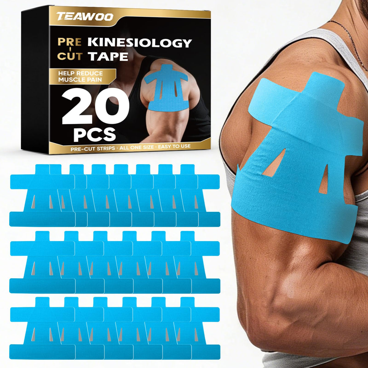 TEAWOO PreCut Kinesiology Tape for Shoulder (20 Pcs 3 Colors)