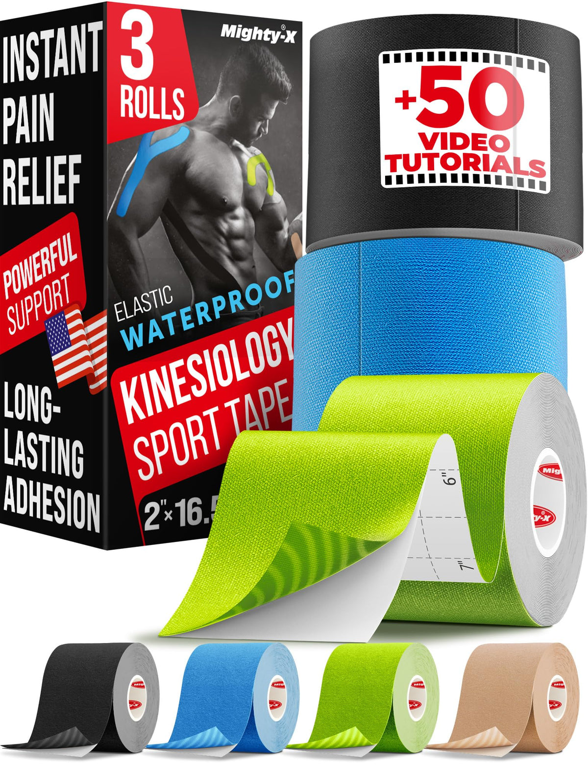 Waterproof Kinesiology Tape - 3 Rolls - Knee Support & Muscle Pain Relief - 16.4 ft Uncut Sports Kinetic Tape for Joint Stability - 50 Instructional Videos