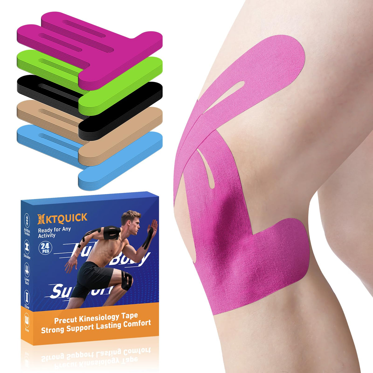 KTQUICK Precut Kinesiology Tape for Knees,Knee Support Tape&Stability,12PCS