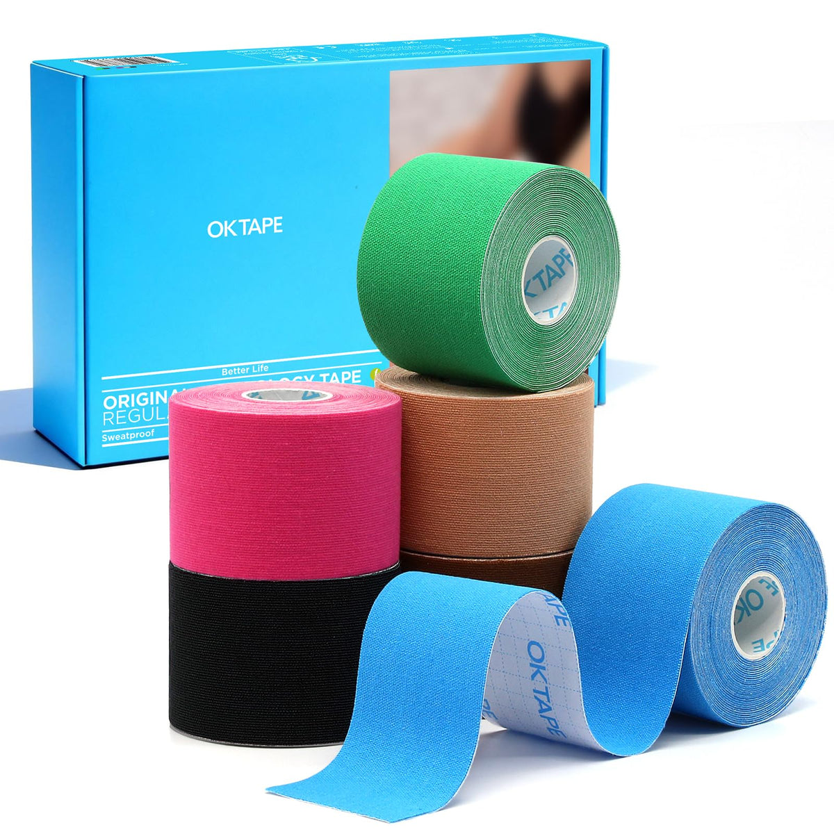 OK TAPE Kinesiology Tape (3 Pack) Latex Free Cotton Uncut 2in x 16.4ft