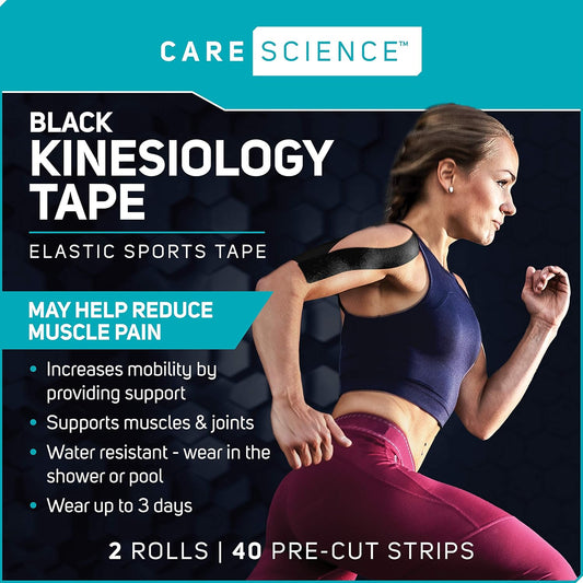 Care Science Waterproof Black Kinesiology Tape, 40 Precut Strips, 2 Rolls