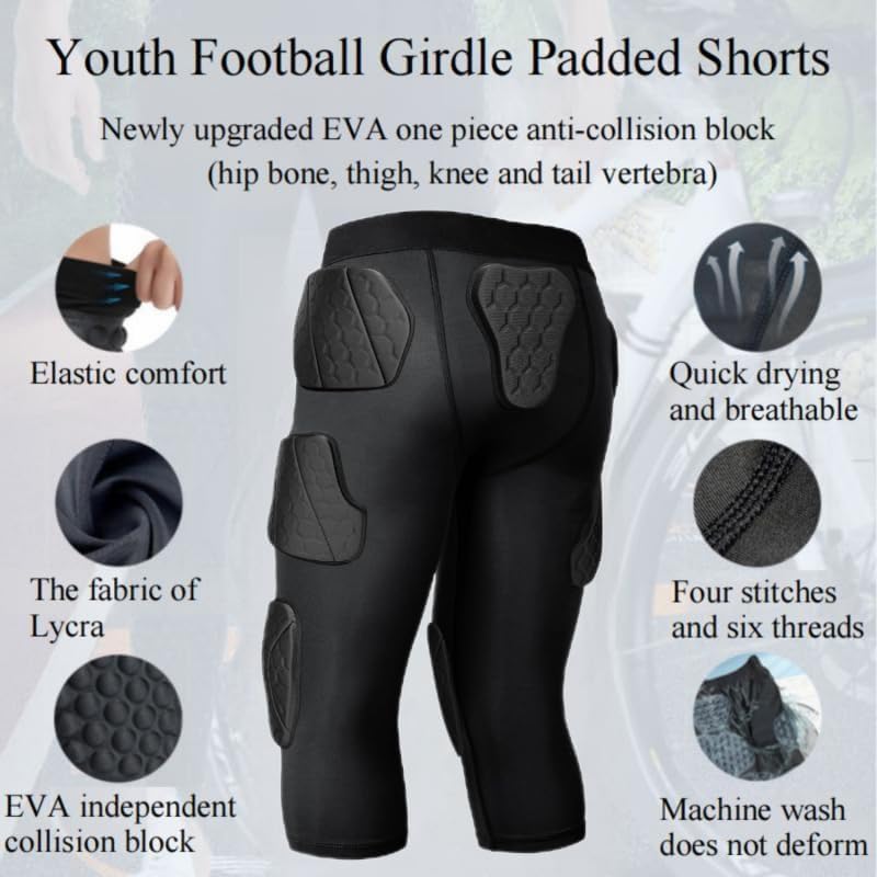7 Pad Girdle Football Youth Football Girdle Youth Boys with Knee Integrated Hip Tailbone Thigh Pads- Basketball Padded Compression Shorts for Basketball Baseball Rugby Soccer