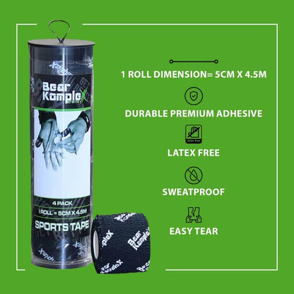 Bear Komplex Athletic Sports Tape, 4 or 12 Pack of Premium Adhesive Wrap, 5 cm Tape, Sweatproof, Breathable, and Non-Slip for Lifting, and Hook Grip, Hypoallergenic and Latex Free