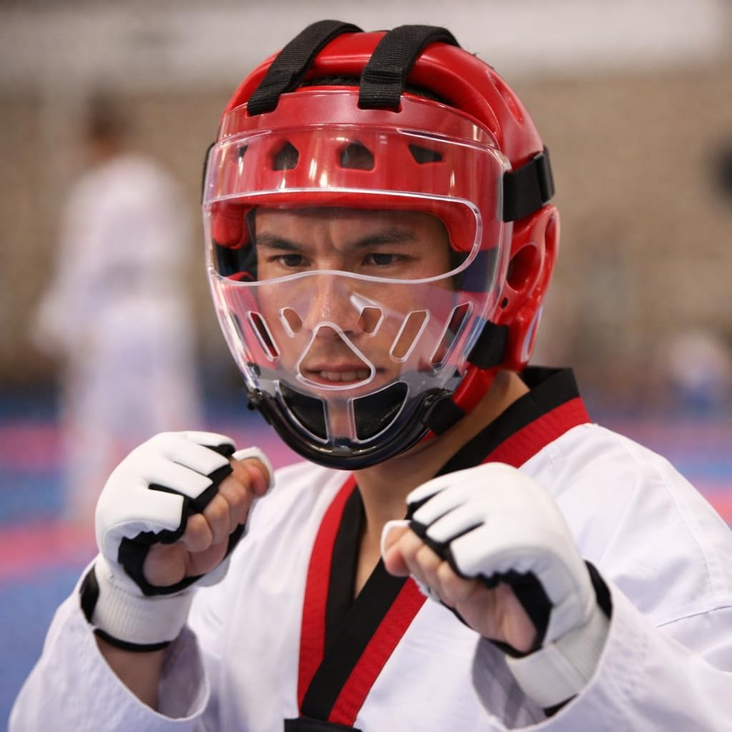 Taekwondo Sparring Mask, Face Shield Face Protection Cover, Transparent Protective Thickening Head Gear, Detachable Removable Headgear Figh Helmet for Fighting Sports Karate Kickboxing Boxing