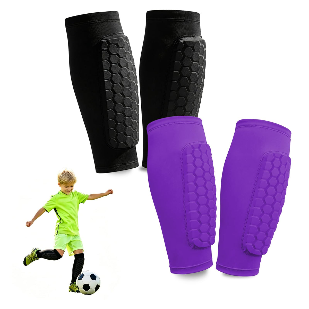 2 Pairs Shin Guards Soccer Kids,Soccer Shin Guards Youth for Boys Girls Protective Gear,Calf Compression Sleeve with Honeycomb Pads for Pickleball Football Ski MTB