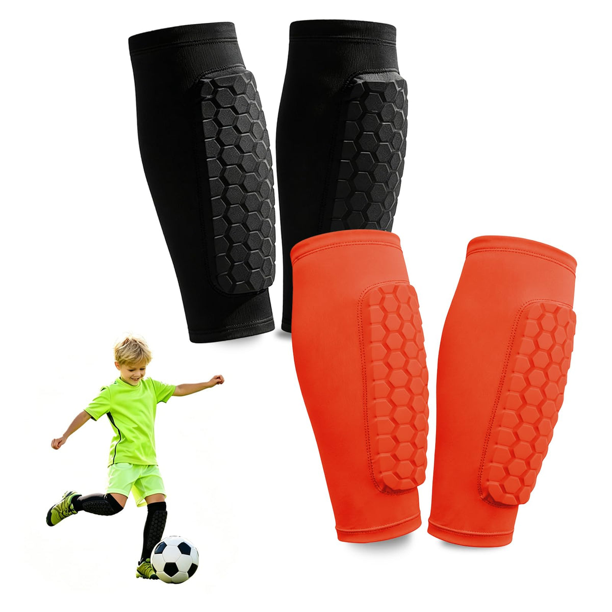 2 Pairs Shin Guards Soccer Kids,Soccer Shin Guards Youth for Boys Girls Protective Gear,Calf Compression Sleeve with Honeycomb Pads for Pickleball Football Ski MTB