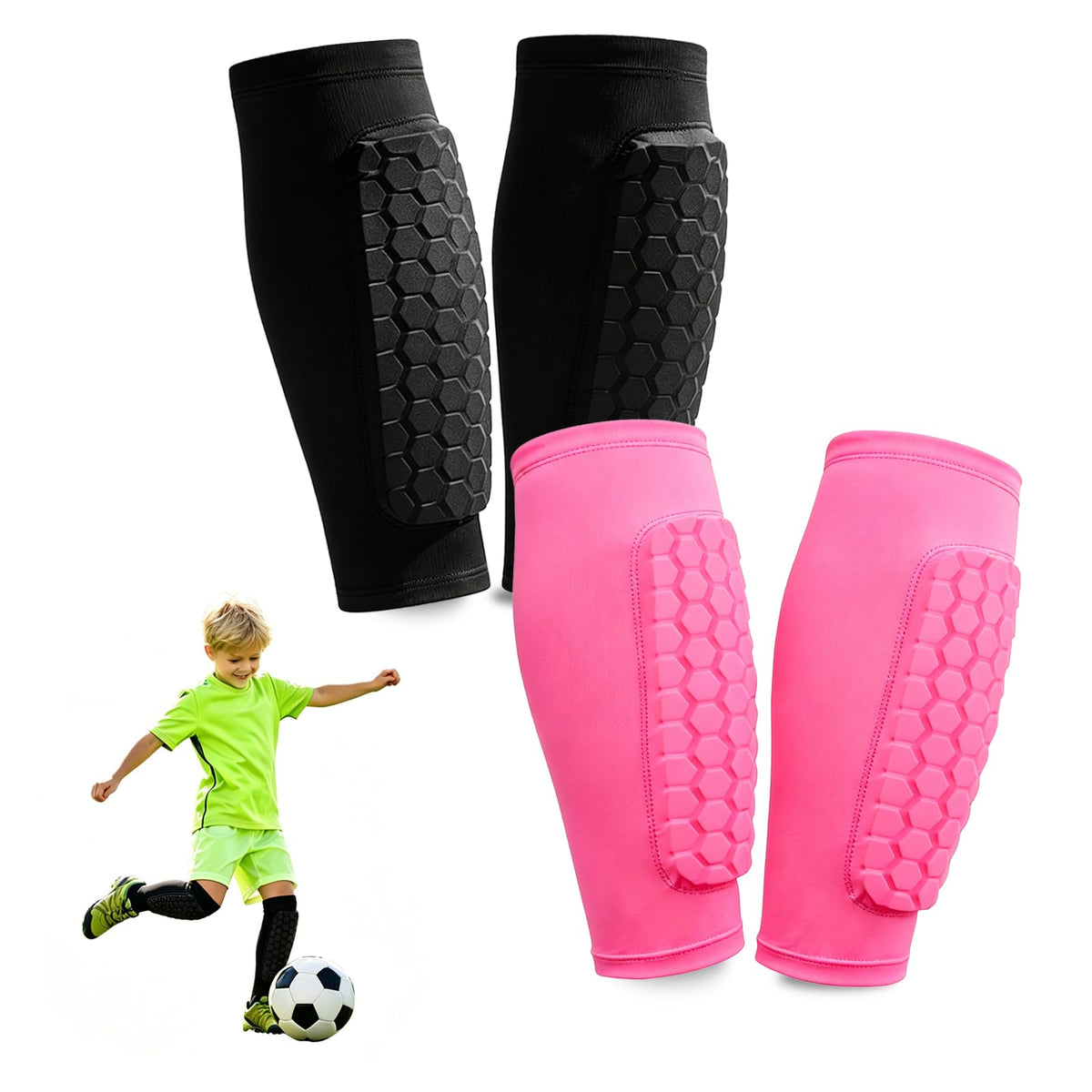 2 Pairs Shin Guards Soccer Kids,Soccer Shin Guards Youth for Boys Girls Protective Gear,Calf Compression Sleeve with Honeycomb Pads for Pickleball Football Ski MTB