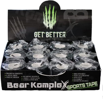 Bear Komplex Athletic Sports Tape, 4 or 12 Pack of Premium Adhesive Wrap, 5 cm Tape, Sweatproof, Breathable, and Non-Slip for Lifting, and Hook Grip, Hypoallergenic and Latex Free