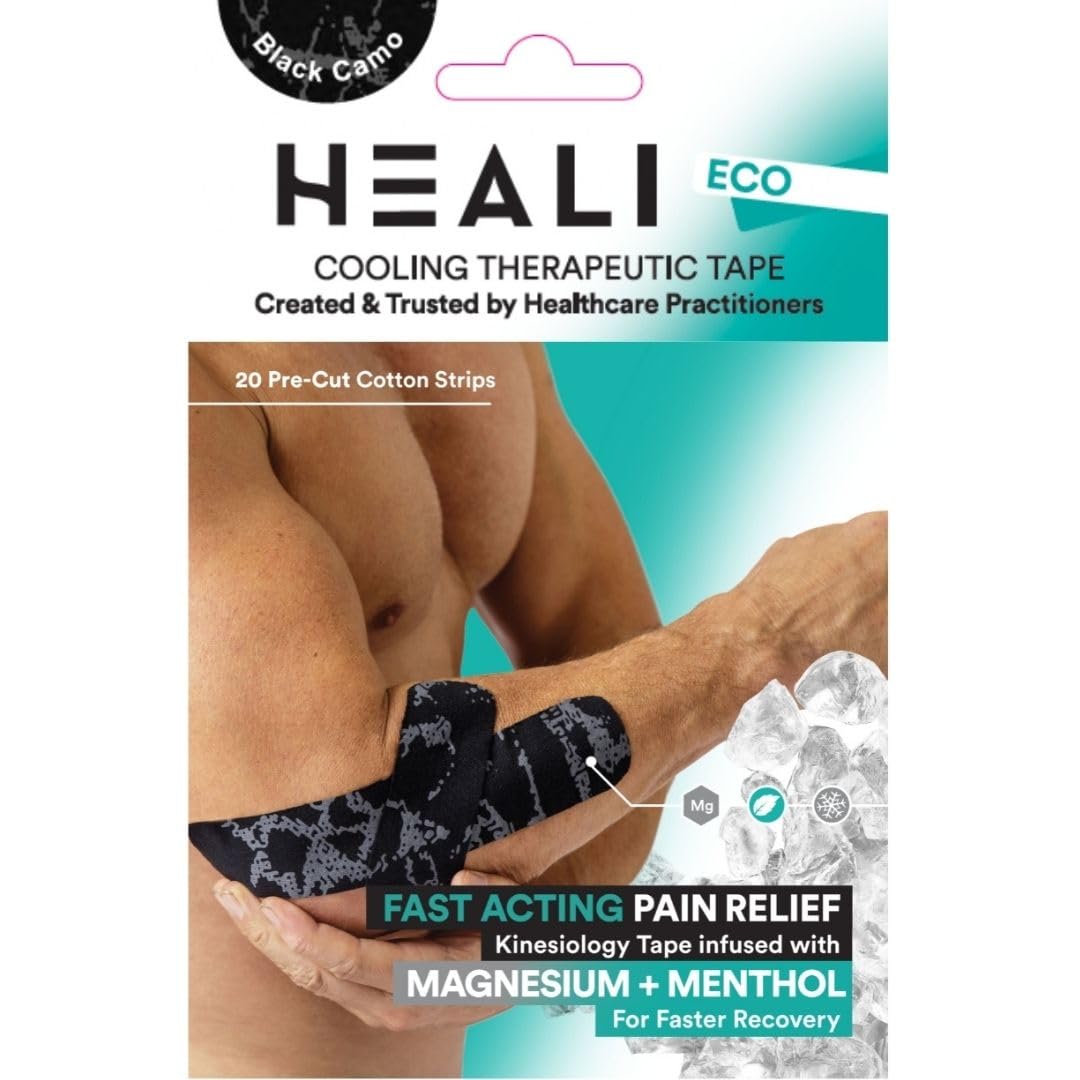 Heali Kinesiology Tape with Magnesium and Menthol, 20 Pcs Precut Strips, K Tape Roll, Knees, for Physical Therapy, Sports, Muscles and Joints, Water Resistant, Blue Splatter