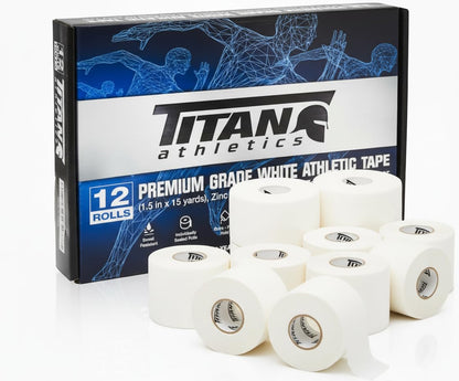 12 Pack White Athletic Tape (45ft Rolls) - Athletes Trainers Injuries & First Aid - Premium Medical Sports Tape - Wrap & Support Ankles & Wrists - Easy Tear Design with Zinc Oxide & No Sticky Residue