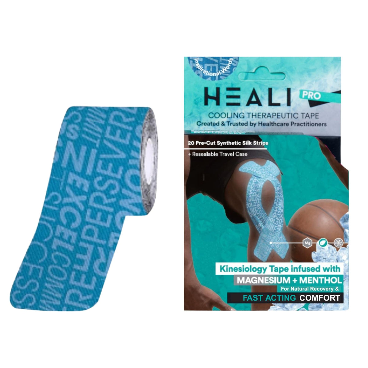 Heali Kinesiology Tape with Magnesium and Menthol, 20 Pcs Precut Strips, K Tape Roll, Knees, for Physical Therapy, Sports, Muscles and Joints, Water Resistant, Blue Splatter