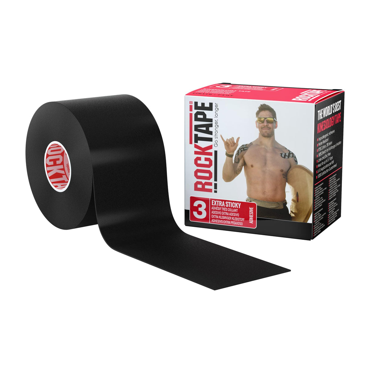 RockTape Extra Sticky Kinesiology Tape - Athletic Tape for Muscle Pain Relief, Injury Recovery - Microscopic Skin Lifting & Decompression - Sweat & Water Resistant