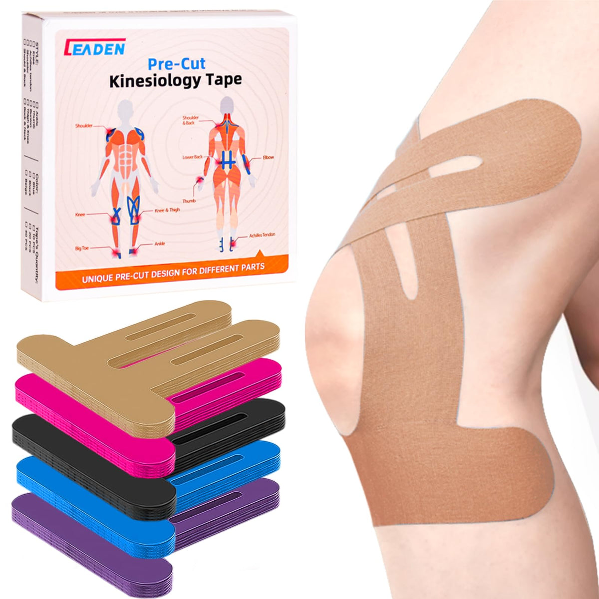 Precut Kinesiology Tape for Knees, 10 Pcs, Black