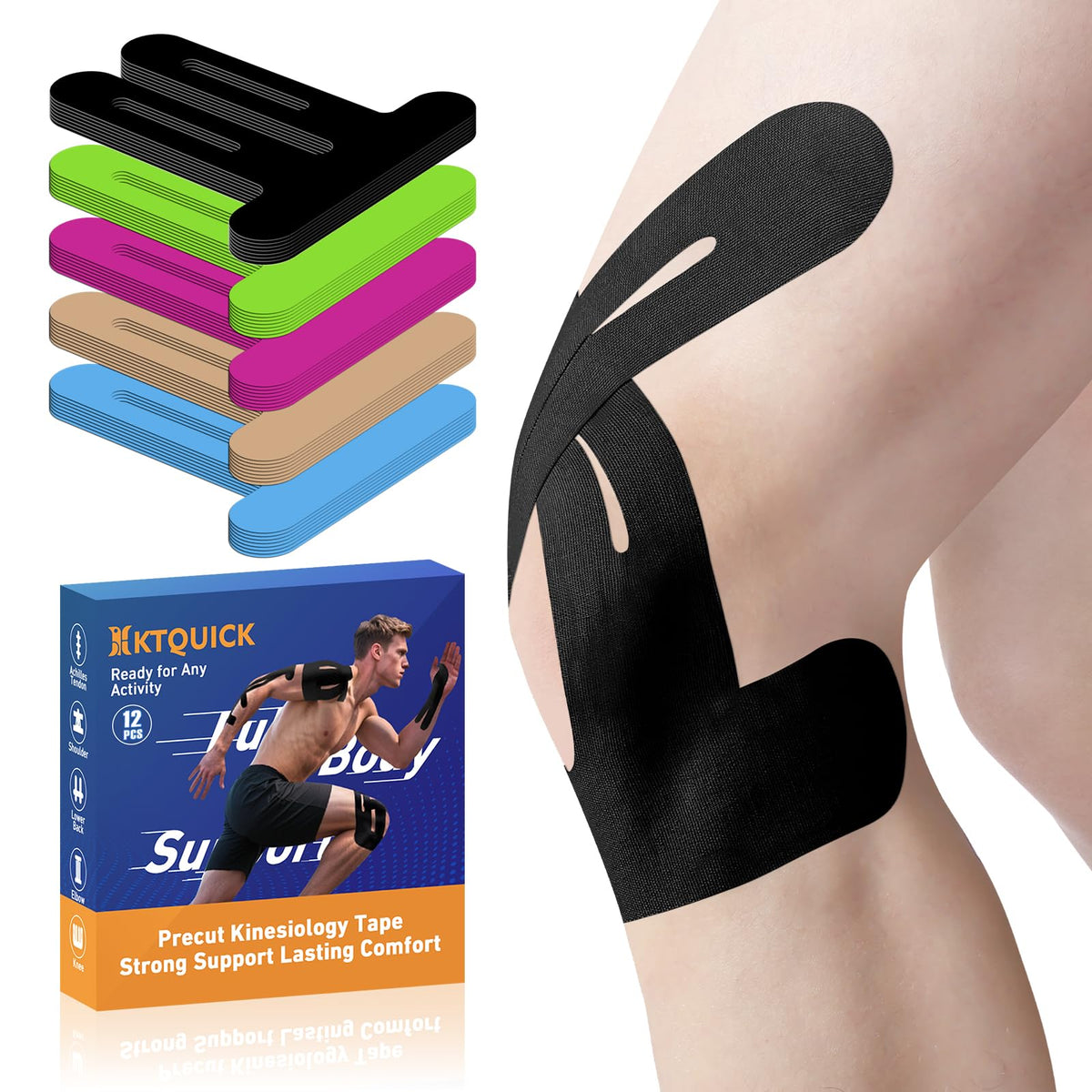 KTQUICK Precut Kinesiology Tape for Knees,Knee Support Tape&Stability,12PCS