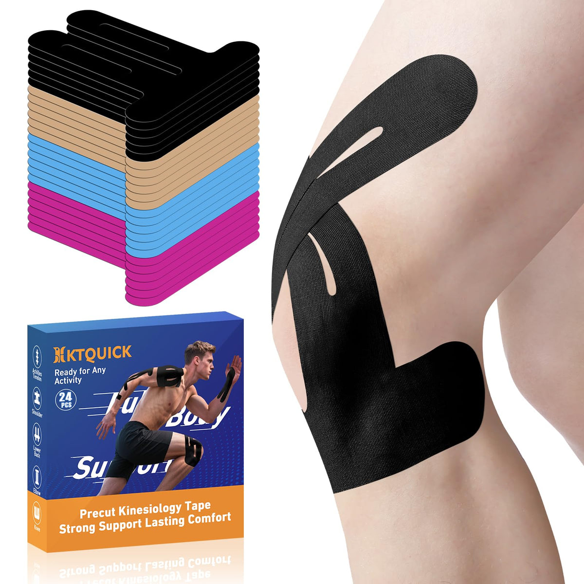 KTQUICK Precut Kinesiology Tape for Knees,Knee Support Tape&Stability,12PCS