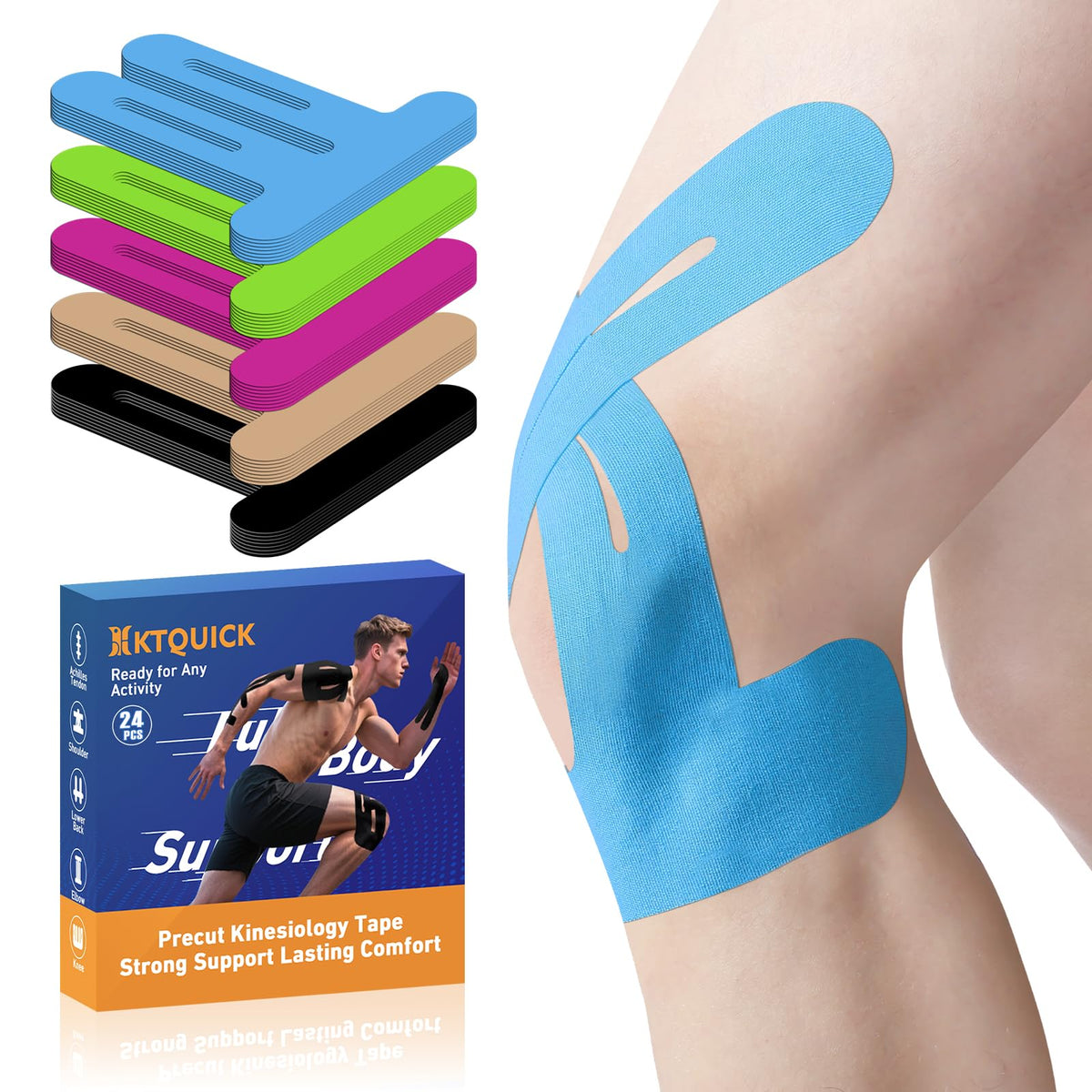 KTQUICK Precut Kinesiology Tape for Knees,Knee Support Tape&Stability,12PCS