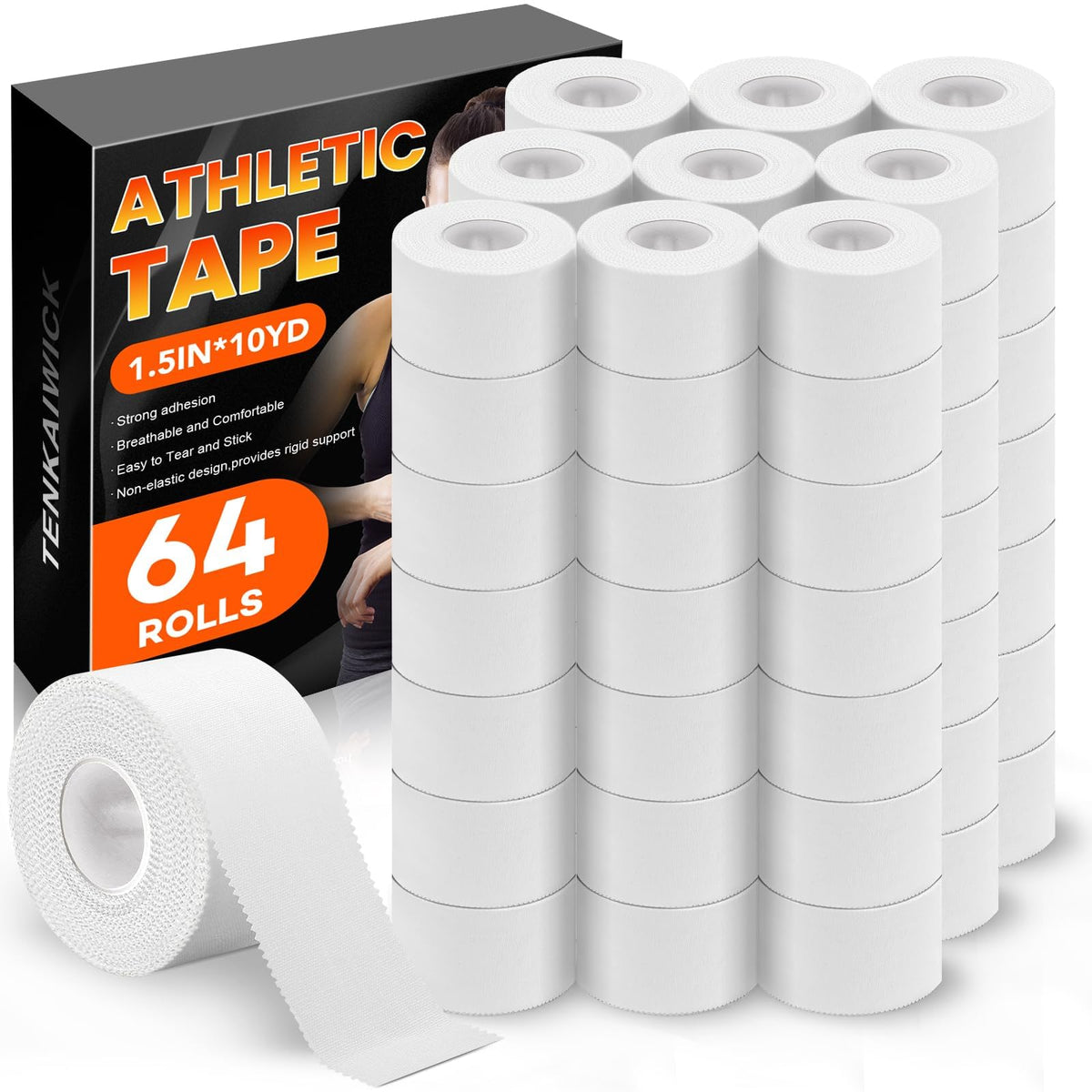 32 Pack Athletic Tape, White Sports Tape for Wrist Ankle Protection, Sports Tape Athletic No Sticky Residue, Easy to Tear Gymnastics Tape for Soccer, Football, Training Supplies (1.5" x 320 Yards)