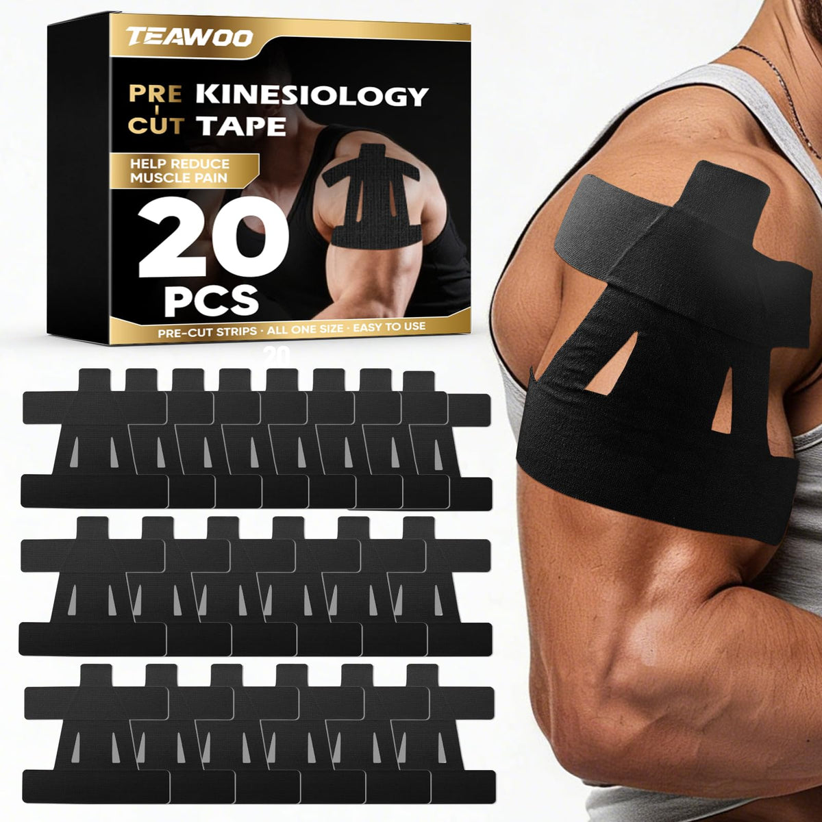 TEAWOO PreCut Kinesiology Tape for Shoulder (20 Pcs 3 Colors)