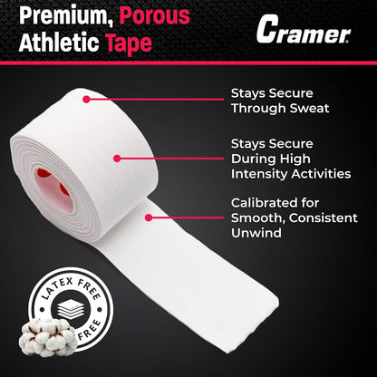 Cramer 950 Premium White Porous Athletic Tape, 1.5” x 15 Yards, Strong Adhesive Sports Tape, Easy Tear, Breathable Cotton, Latex-Free, Bulk Case of 32 Rolls for Ankle, Wrist & Injury Taping