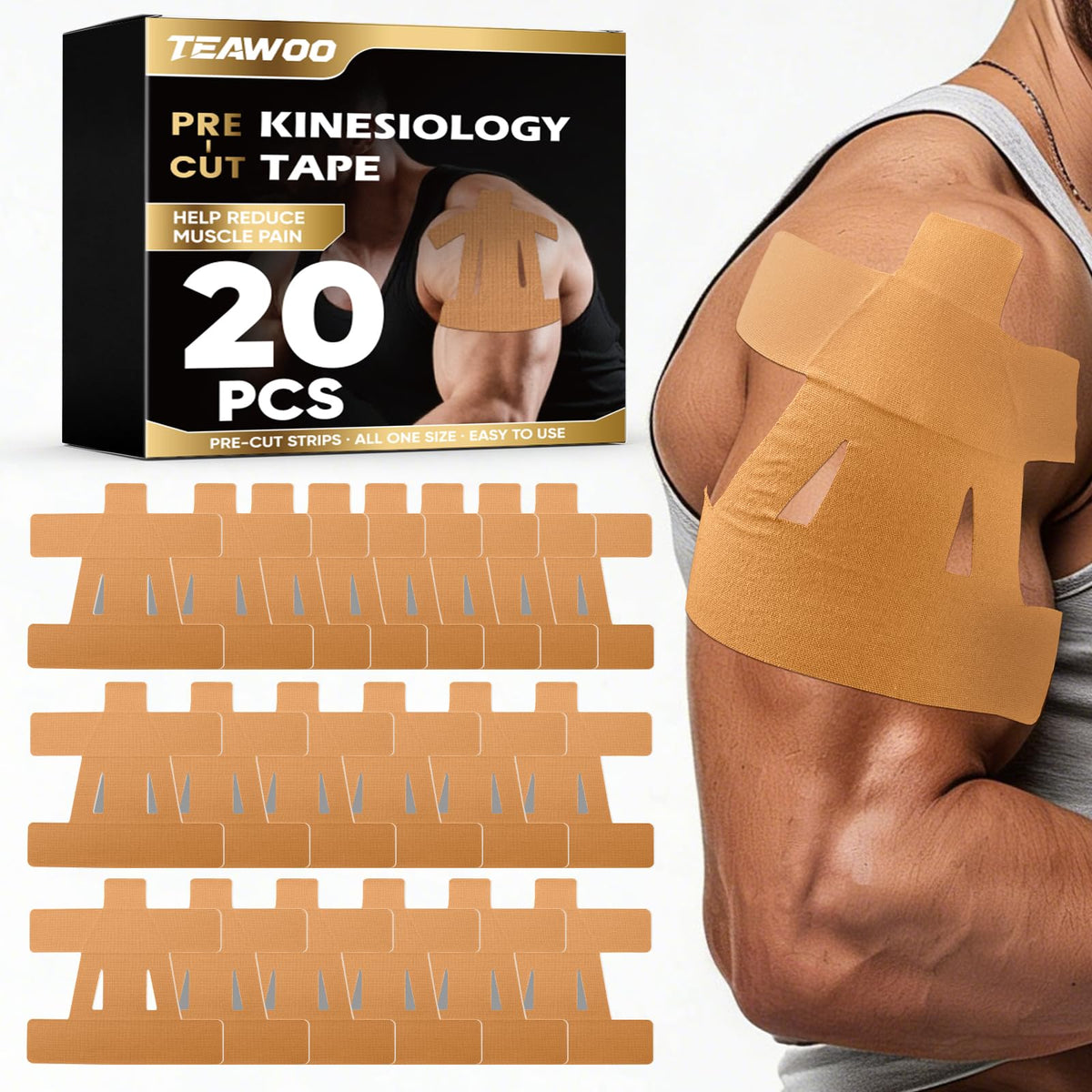 TEAWOO PreCut Kinesiology Tape for Shoulder (20 Pcs 3 Colors)
