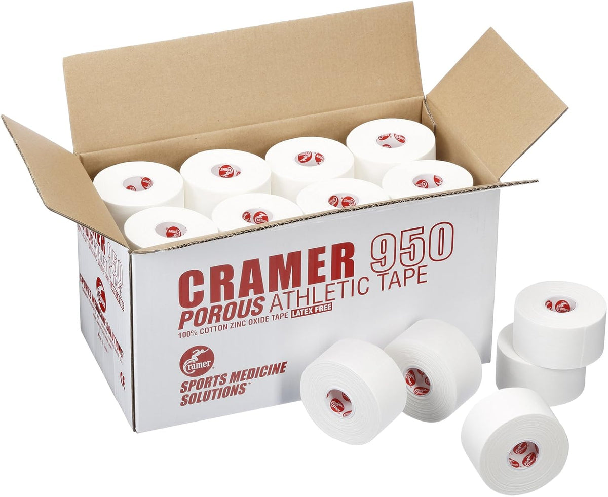 Cramer 950 Premium White Porous Athletic Tape, 1.5” x 15 Yards, Strong Adhesive Sports Tape, Easy Tear, Breathable Cotton, Latex-Free, Bulk Case of 32 Rolls for Ankle, Wrist & Injury Taping