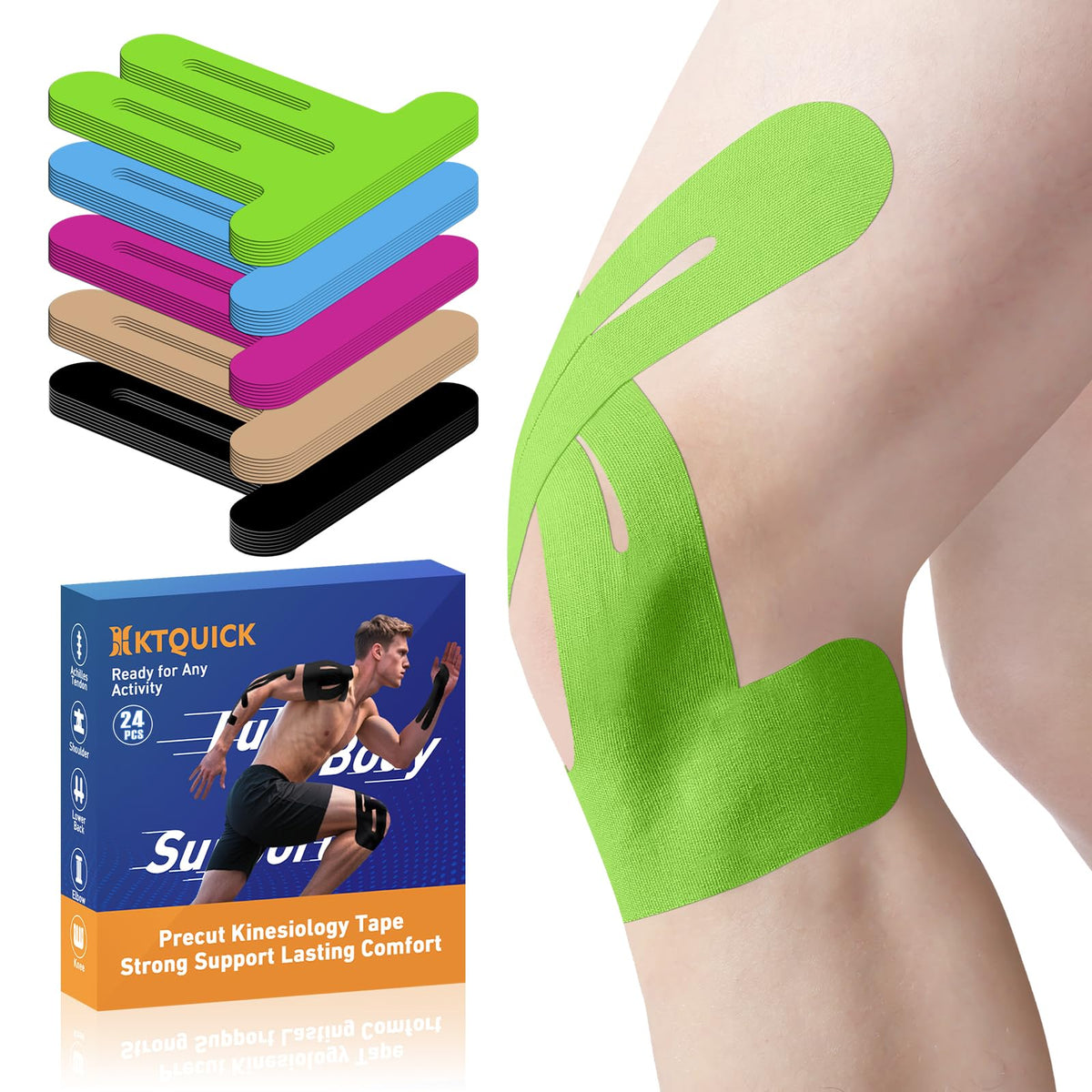 KTQUICK Precut Kinesiology Tape for Knees,Knee Support Tape&Stability,12PCS