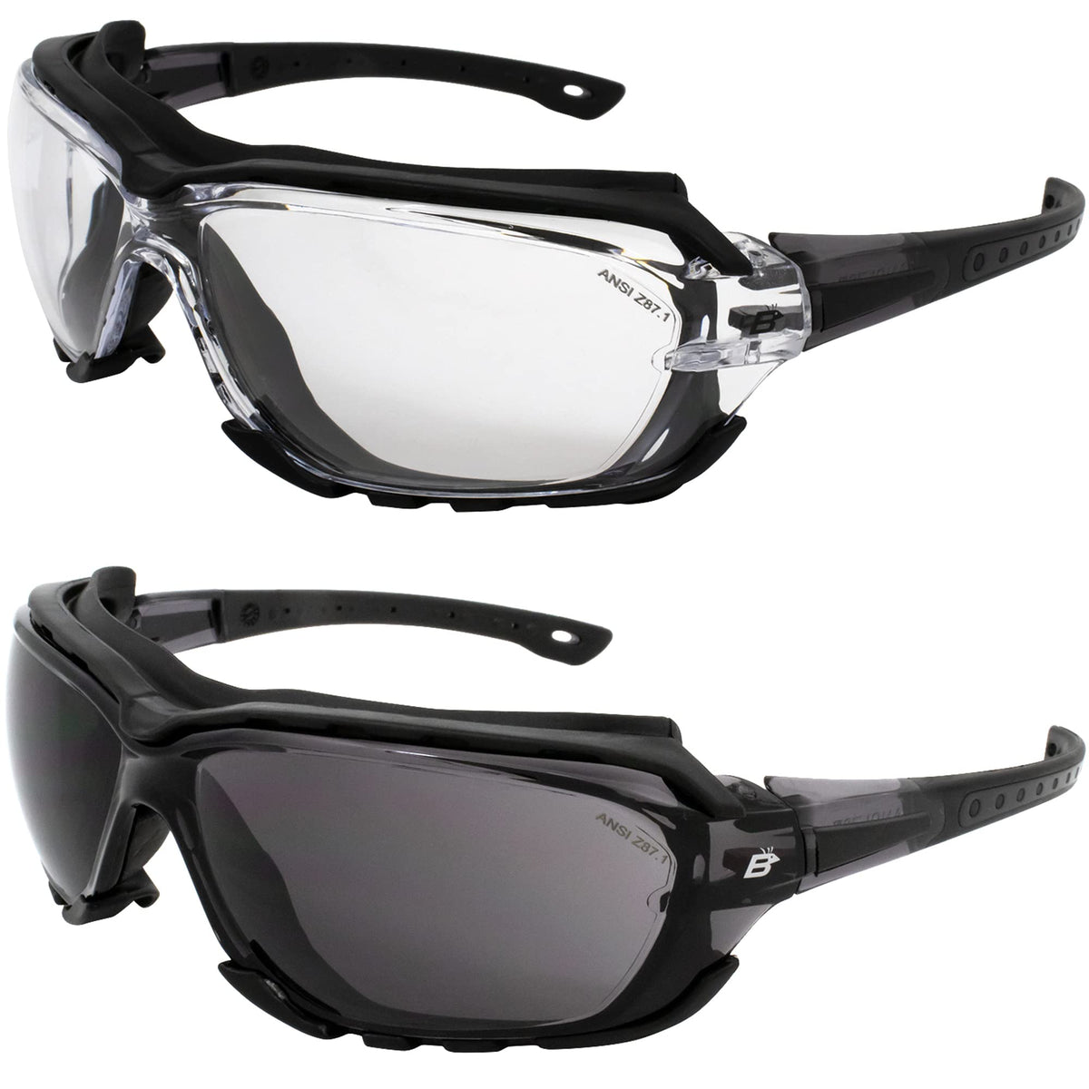 Birdz Eyewear Gasket Safety Padded Motorcycle Sport Sunglasses 2 Pairs Black Grey Frame with Smoke & Clear Lenses