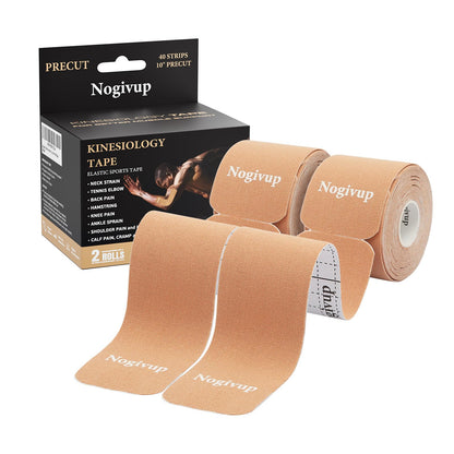 Kinesiology Tape – 2 Rolls Latex-Free Cotton Precut Strips, Elastic Waterproof Athletic Sports Tape for Muscle & Joint Pain Relief & Support (Beige, 2" Wide)