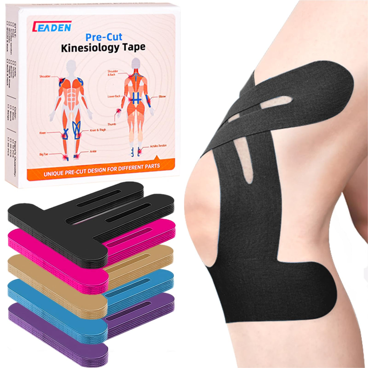 Precut Kinesiology Tape for Knees, 10 Pcs, Black