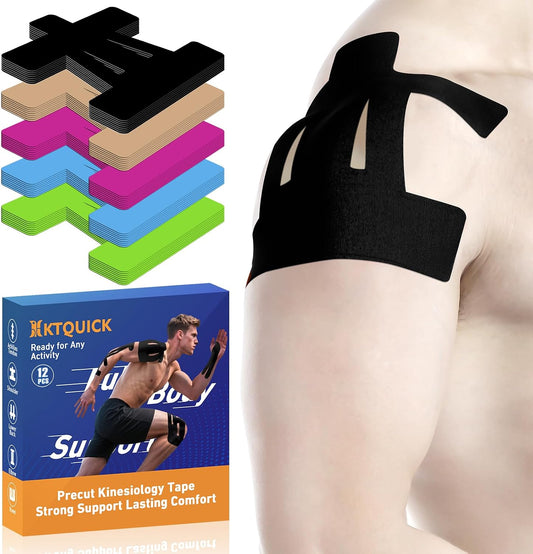 KTQUICK Precut Kinesiology Tape for Shoulder, 12 PCS, 20% Stronger Adhesive