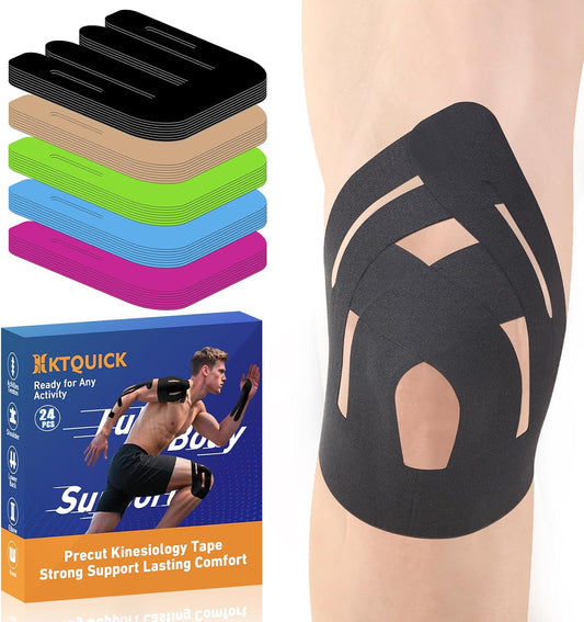 KTQUICK Precut Kinesiology Tape for Knees,12PCS,Stronger Adhesive Black