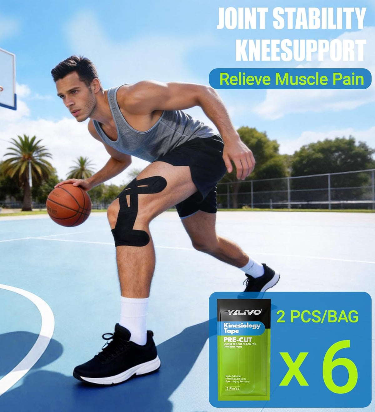 Precut Kinesiology Tape for Knees, 12 Pcs Individual Packaged (Black)