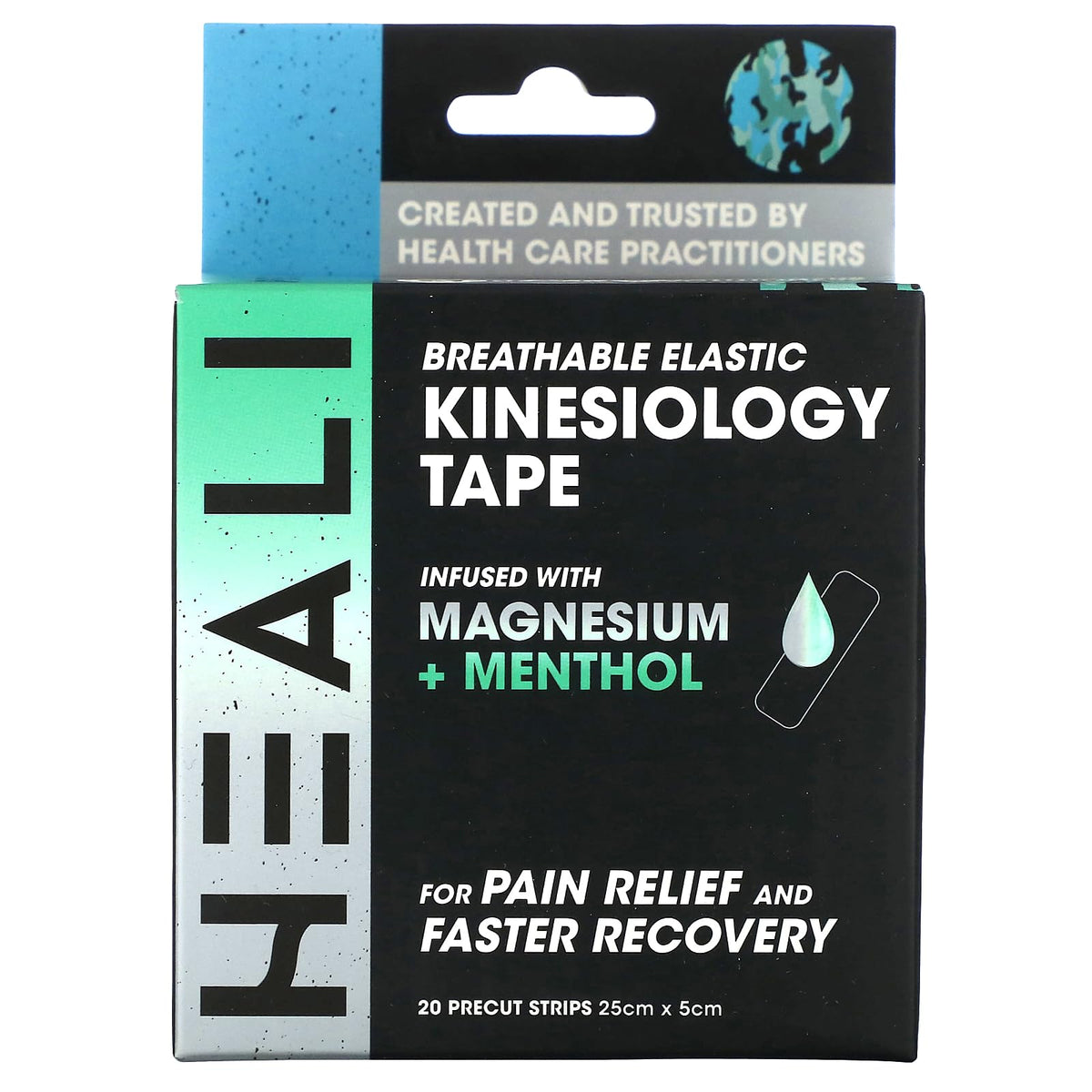 Heali Kinesiology Tape with Magnesium and Menthol, 20 Pcs Precut Strips, K Tape Roll, Knees, for Physical Therapy, Sports, Muscles and Joints, Water Resistant, Blue Splatter