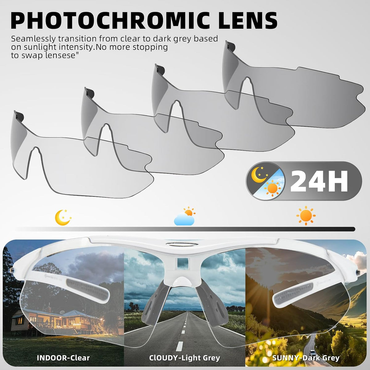 ROCKBROS Photochromic Sports Sunglasses Mens Cycling Pickleball Glasses