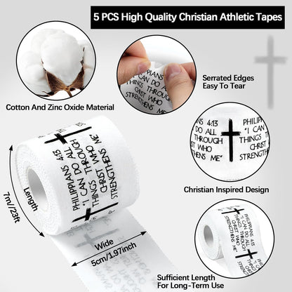 5Pcs Christian Athletic Tape 2in x 23ft Cotton Zinc Oxide Sport Faith Cross Sports Wristbands Religious Bible Verse Wrist Tape for Football Baseball Athlete Gymnastic Boxing First Aid Injury Wrap
