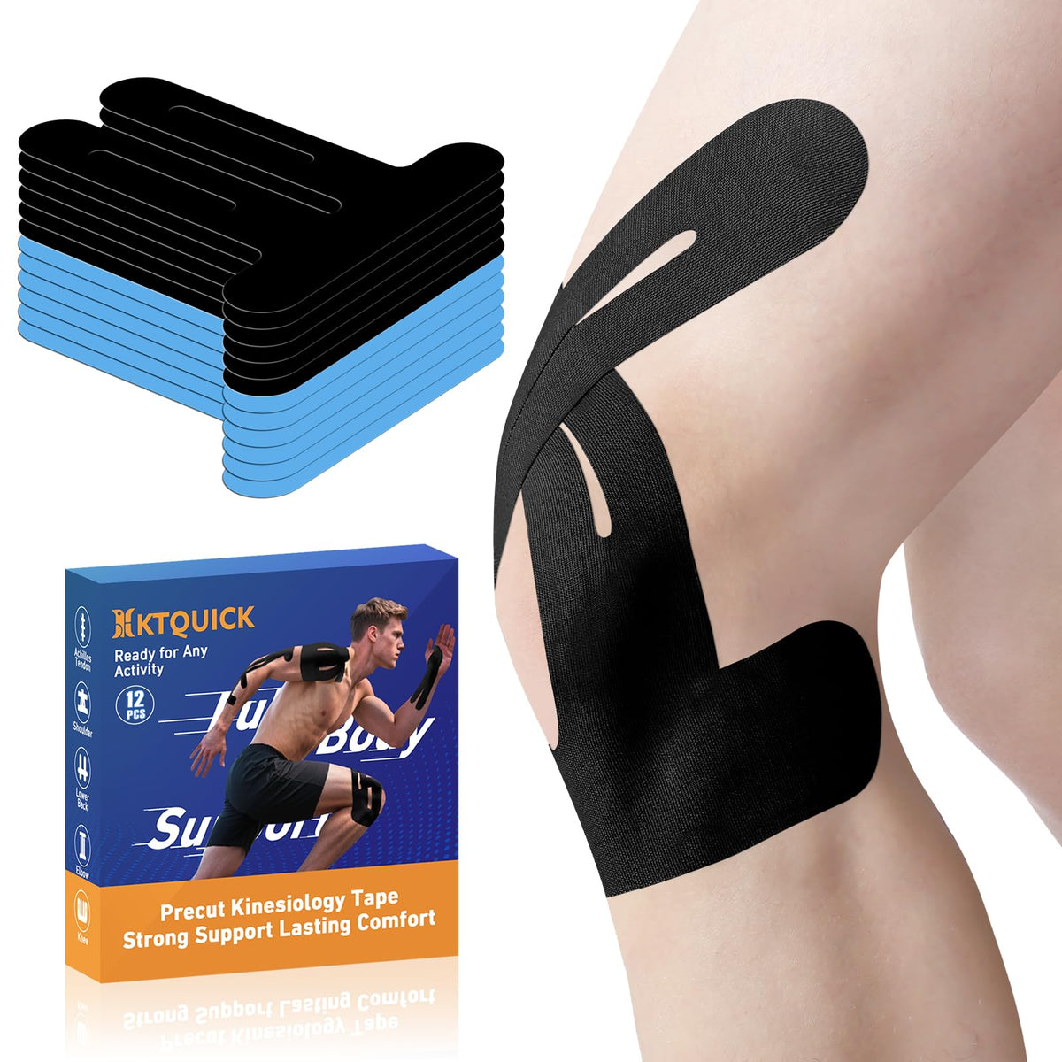 KTQUICK Precut Kinesiology Tape for Knees,Knee Support Tape&Stability,12PCS