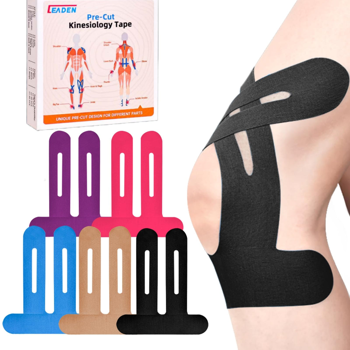 Precut Kinesiology Tape for Knees, 10 Pcs, Black