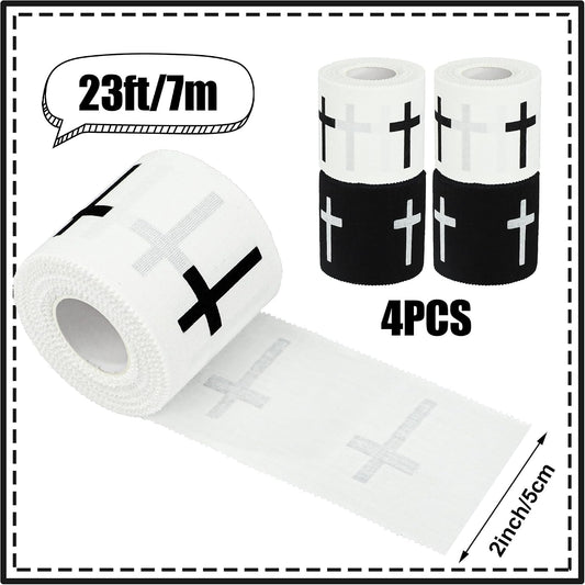 4 Pcs Christian Athletic Tapes Religious Sport Tape with Cross White Black Cross Athletic Wrist Tapes for Sports Gymnastics Tennis Baseball Boxing Athlete First Aid Injury Wrap, 2inx23ft