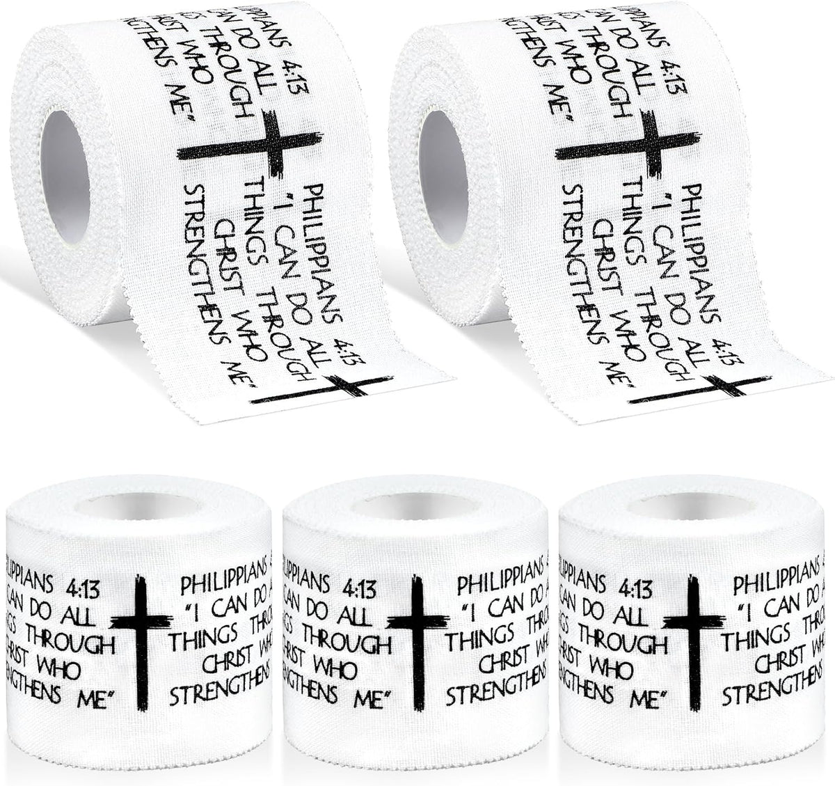 5Pcs Christian Athletic Tape 2in x 23ft Cotton Zinc Oxide Sport Faith Cross Sports Wristbands Religious Bible Verse Wrist Tape for Football Baseball Athlete Gymnastic Boxing First Aid Injury Wrap