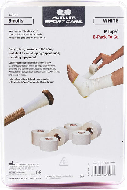 Mueller Sports Medicine MTape Rolls to Go, Quality Athletic Tape, Easy to Tear for Fast & Effective Taping, 1.5" x 10 Yards Per Roll, 6 Rolls