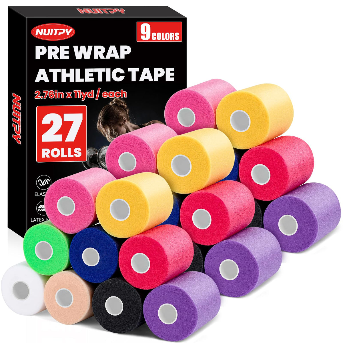 27 Pack Black Pre Wrap Tape, 2.76 Inch x 11 Yards Prewrap Athletic Tape