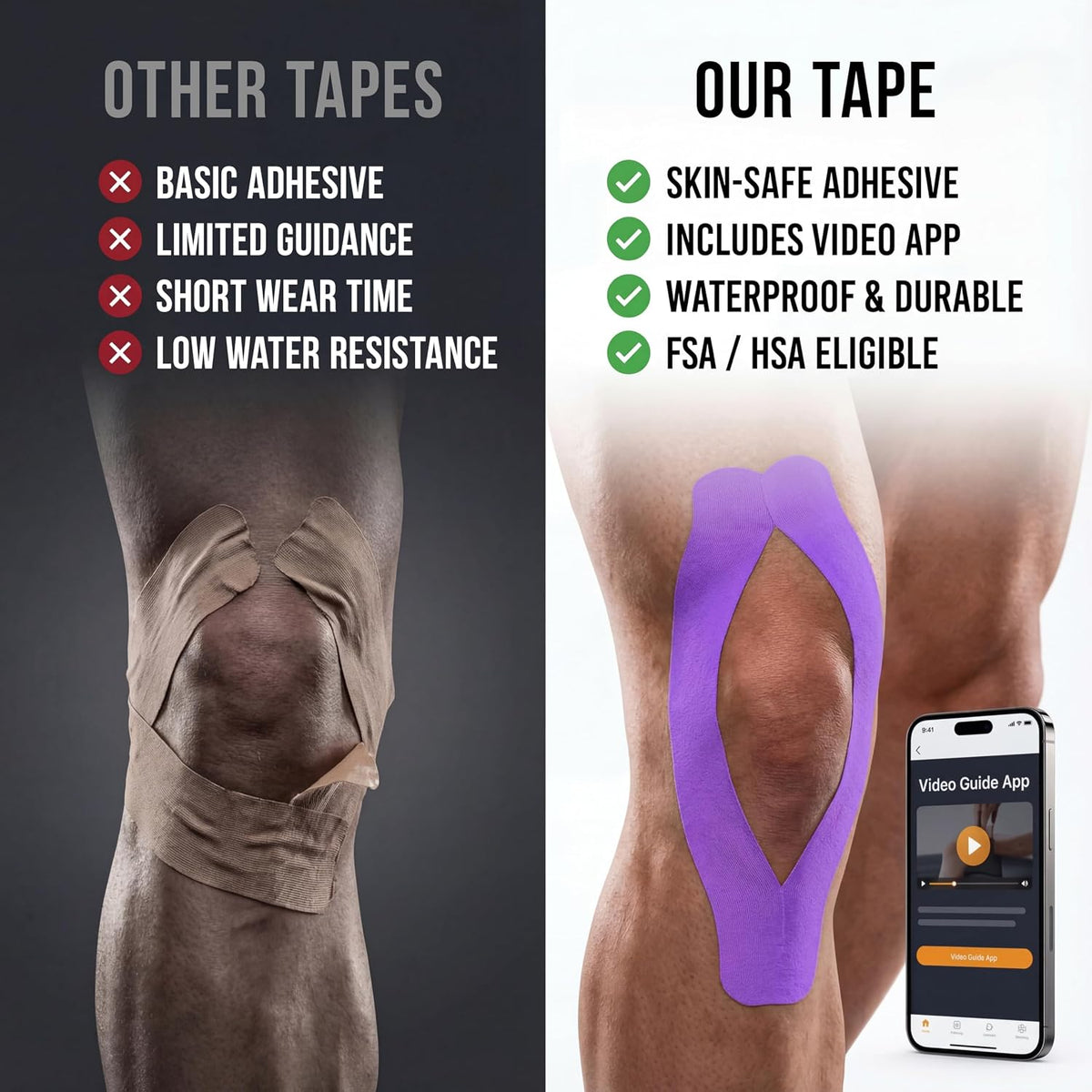 Kinesiology Tape - Waterproof Athletic Sports Tape for Knee, Shoulder, Arm & Back Support | 3-5 Day Adhesion, Hypoallergenic & Latex-Free + Taping Guide (Precut, 2"x16.4ft Roll, Indigo Purple)