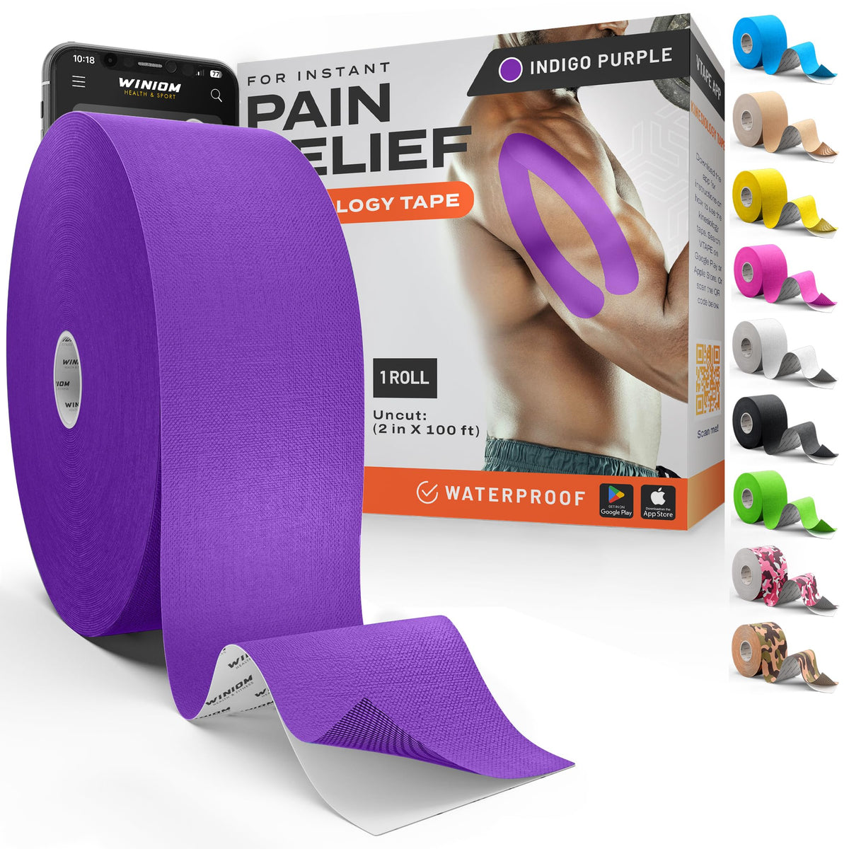 Kinesiology Tape - Waterproof Athletic Sports Tape for Knee, Shoulder, Arm & Back Support | 3-5 Day Adhesion, Hypoallergenic & Latex-Free + Taping Guide (Precut, 2"x16.4ft Roll, Indigo Purple)